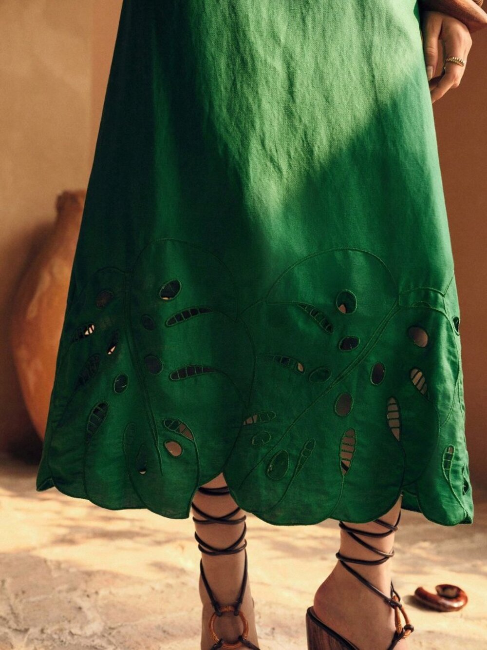 Green Boho Women's Premium Linen Embroidered Spaghetti Strap midi Dress - Picture 2 of 8